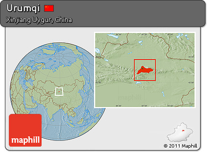 Savanna Style Location Map of Urumqi, hill shading