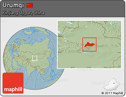 Savanna Style Location Map of Urumqi, hill shading