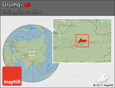 Savanna Style Location Map of Urumqi, hill shading