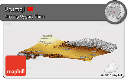 Physical Panoramic Map of Urumqi, cropped outside
