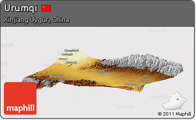 Physical Panoramic Map of Urumqi, cropped outside