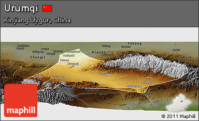Physical Panoramic Map of Urumqi, darken