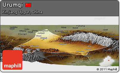 Physical Panoramic Map of Urumqi, darken
