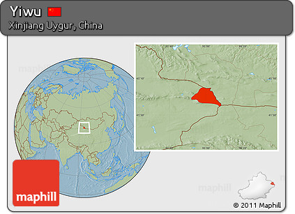 Savanna Style Location Map of Yiwu, hill shading
