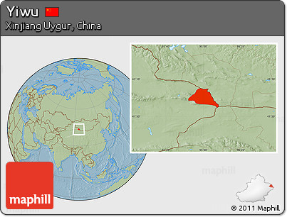Savanna Style Location Map of Yiwu, hill shading
