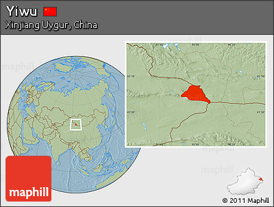 Savanna Style Location Map of Yiwu, hill shading