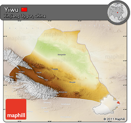 Physical Map of Yiwu, lighten