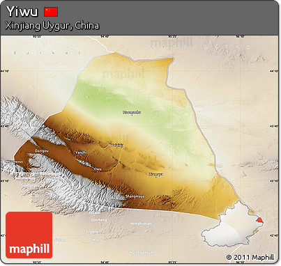 Physical Map of Yiwu, lighten