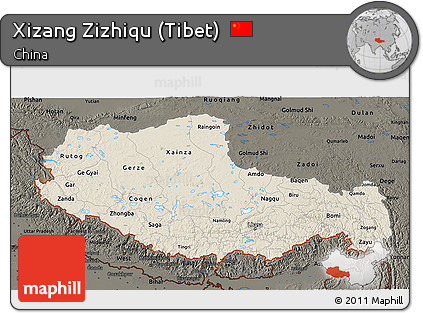 Shaded Relief 3D Map of Xizang Zizhiqu (Tibet), darken