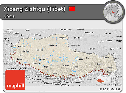 Shaded Relief 3D Map of Xizang Zizhiqu (Tibet), desaturated