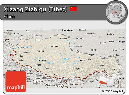 Shaded Relief 3D Map of Xizang Zizhiqu (Tibet), semi-desaturated