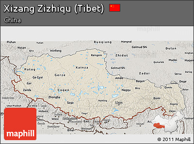 Shaded Relief 3D Map of Xizang Zizhiqu (Tibet), semi-desaturated