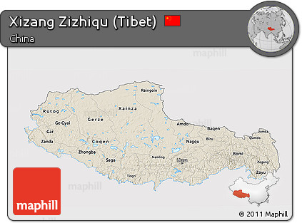 Shaded Relief 3D Map of Xizang Zizhiqu (Tibet), single color outside