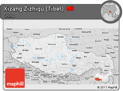 Silver Style 3D Map of Xizang Zizhiqu (Tibet)