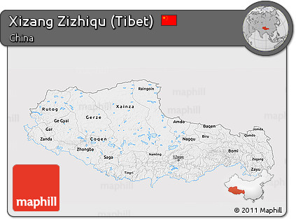 Silver Style 3D Map of Xizang Zizhiqu (Tibet), single color outside