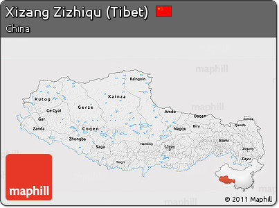 Silver Style 3D Map of Xizang Zizhiqu (Tibet), single color outside