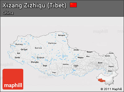 Silver Style 3D Map of Xizang Zizhiqu (Tibet), single color outside