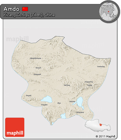 Shaded Relief 3D Map of Amdo, single color outside