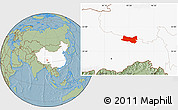 Savanna Style Location Map of Baqen, highlighted country, hill shading