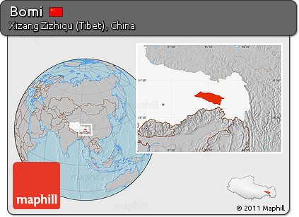 Gray Location Map of Bomi, highlighted parent region, hill shading