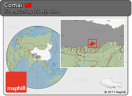 Savanna Style Location Map of Comai, highlighted country, highlighted parent region, hill shading
