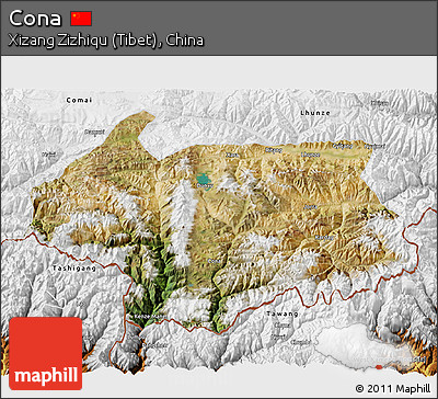 Satellite 3D Map of Cona, physical outside