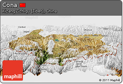 Satellite Panoramic Map of Cona, physical outside