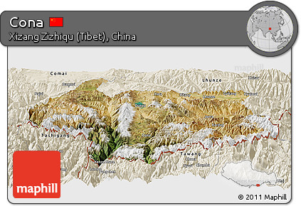 Satellite Panoramic Map of Cona, shaded relief outside