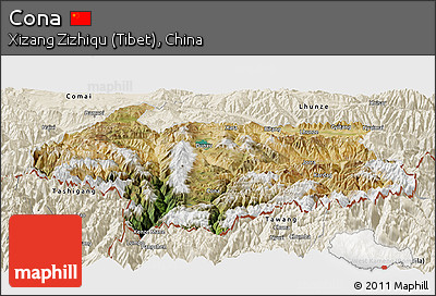 Satellite Panoramic Map of Cona, shaded relief outside