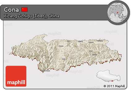 Shaded Relief Panoramic Map of Cona, cropped outside