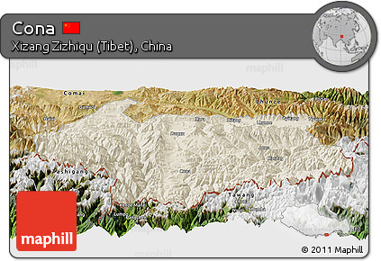 Shaded Relief Panoramic Map of Cona, satellite outside