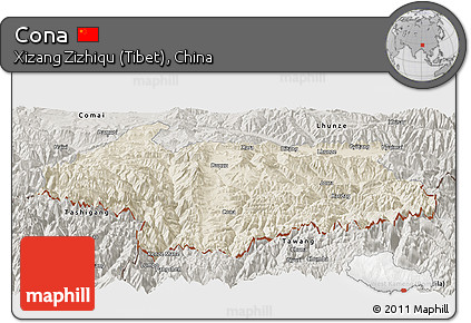 Shaded Relief Panoramic Map of Cona, semi-desaturated