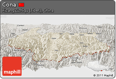 Shaded Relief Panoramic Map of Cona, semi-desaturated
