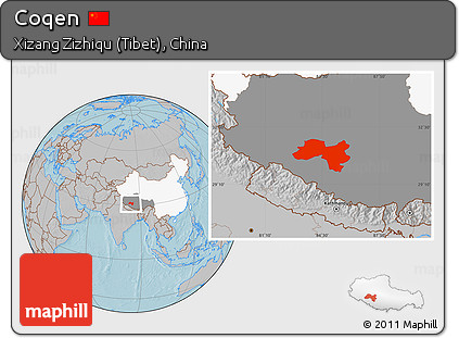 Gray Location Map of Coqen, highlighted country, highlighted parent region, hill shading