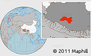 Gray Location Map of Coqen, highlighted country, highlighted parent region, hill shading