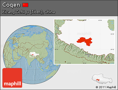 Savanna Style Location Map of Coqen, highlighted parent region, hill shading