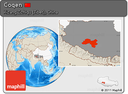 Shaded Relief Location Map of Coqen, highlighted country, highlighted parent region