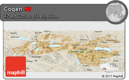 Satellite Panoramic Map of Coqen, shaded relief outside