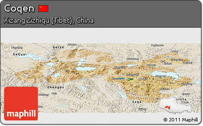Satellite Panoramic Map of Coqen, shaded relief outside