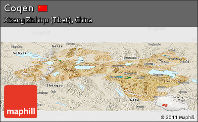 Satellite Panoramic Map of Coqen, shaded relief outside