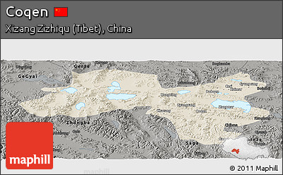 Shaded Relief Panoramic Map of Coqen, darken, semi-desaturated