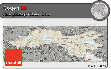 Shaded Relief Panoramic Map of Coqen, darken, semi-desaturated