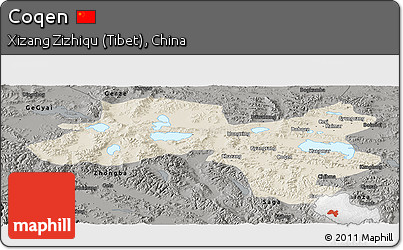 Shaded Relief Panoramic Map of Coqen, darken, semi-desaturated
