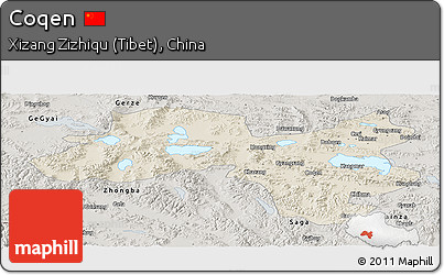 Shaded Relief Panoramic Map of Coqen, semi-desaturated