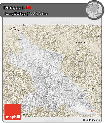 Physical 3D Map of Dengqen, shaded relief outside