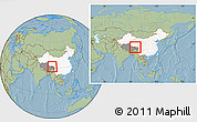 Savanna Style Location Map of Dengqen, highlighted country, highlighted parent region, within the entire country, hill shading