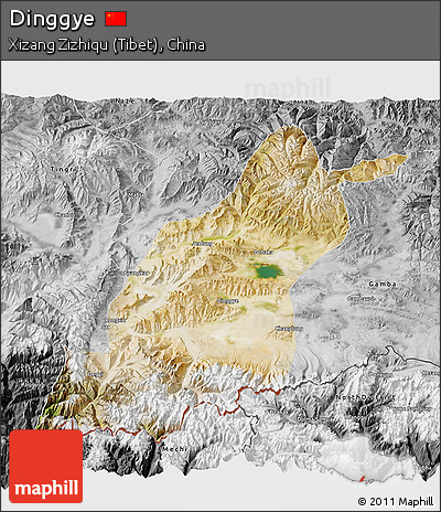Satellite 3D Map of Dinggye, desaturated