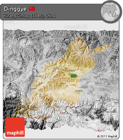 Satellite 3D Map of Dinggye, desaturated