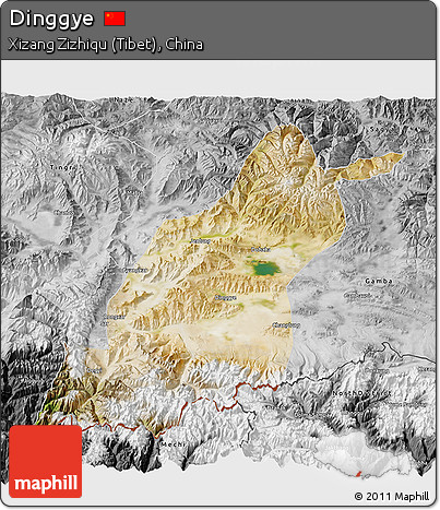 Satellite 3D Map of Dinggye, desaturated