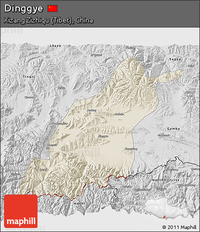 Shaded Relief 3D Map of Dinggye, desaturated
